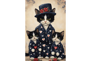 Navy Heart Texudo Cats with Roses, an Animal Illustration by Art Paradise Studios