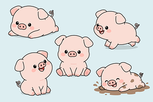 Cute Kawaii Baby Pig Character Set, an Animal Illustration by Artpon Illustration