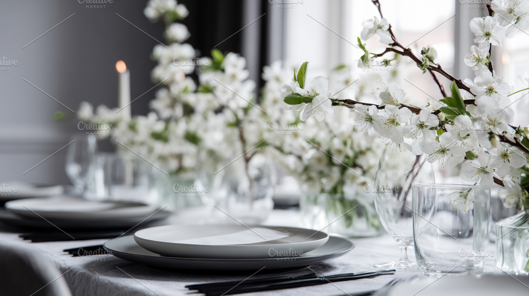 Elegant spring table setting featuring blooming white cherry blo, a Photo by Studio ANNA