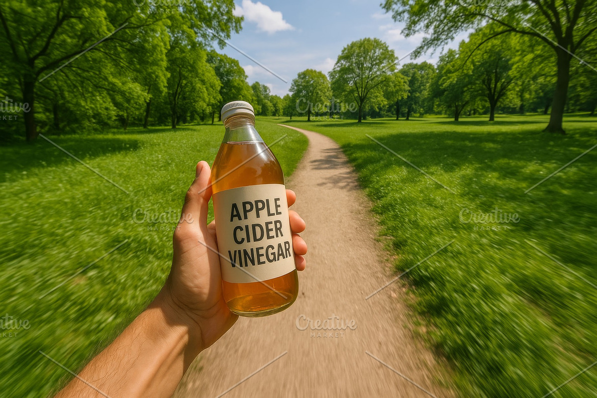 Hand holding apple cider vinegar bot, a Photo by Dvoevnore photos (Photo 1 of 3)