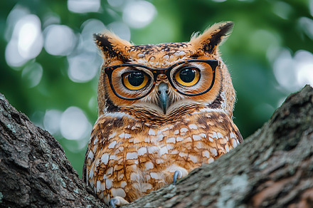 Great wild owl perched in a tree branch, an Animal Photo by AlyaAnd