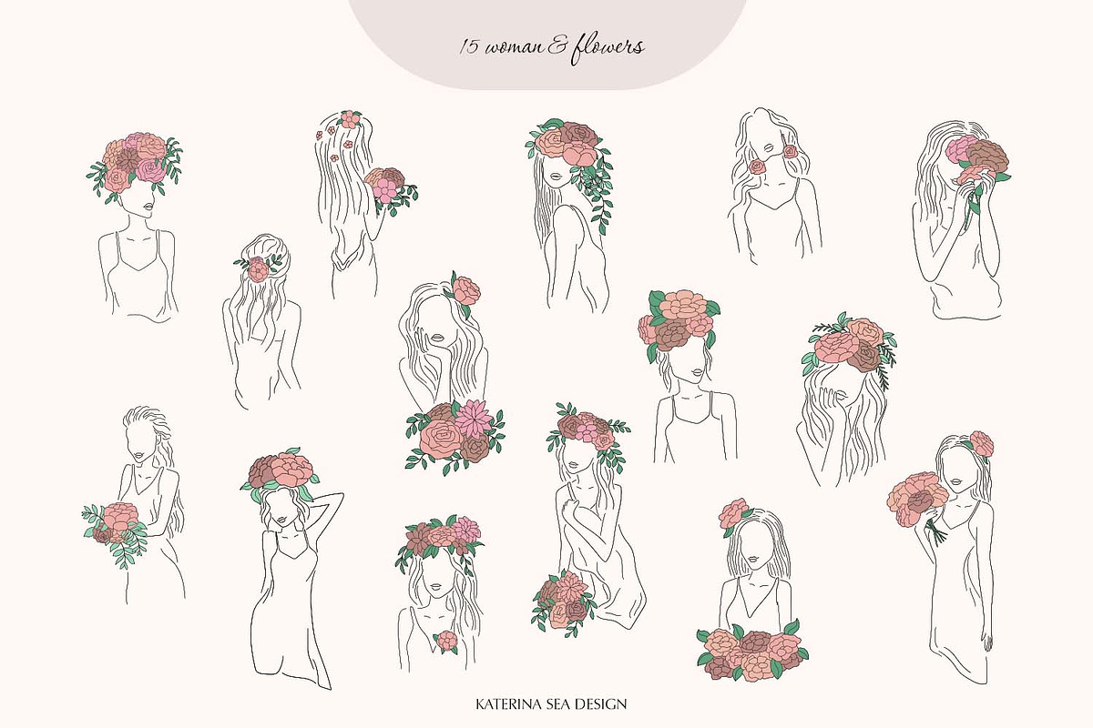 Line art floral woman & elements, a Person Illustration by Katerina.Sea.Design (Photo 3 of 10)