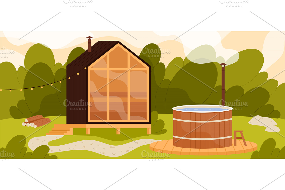 Modern Wooden Bathhouse With Outdoor, a Sport Illustration by Flashvector