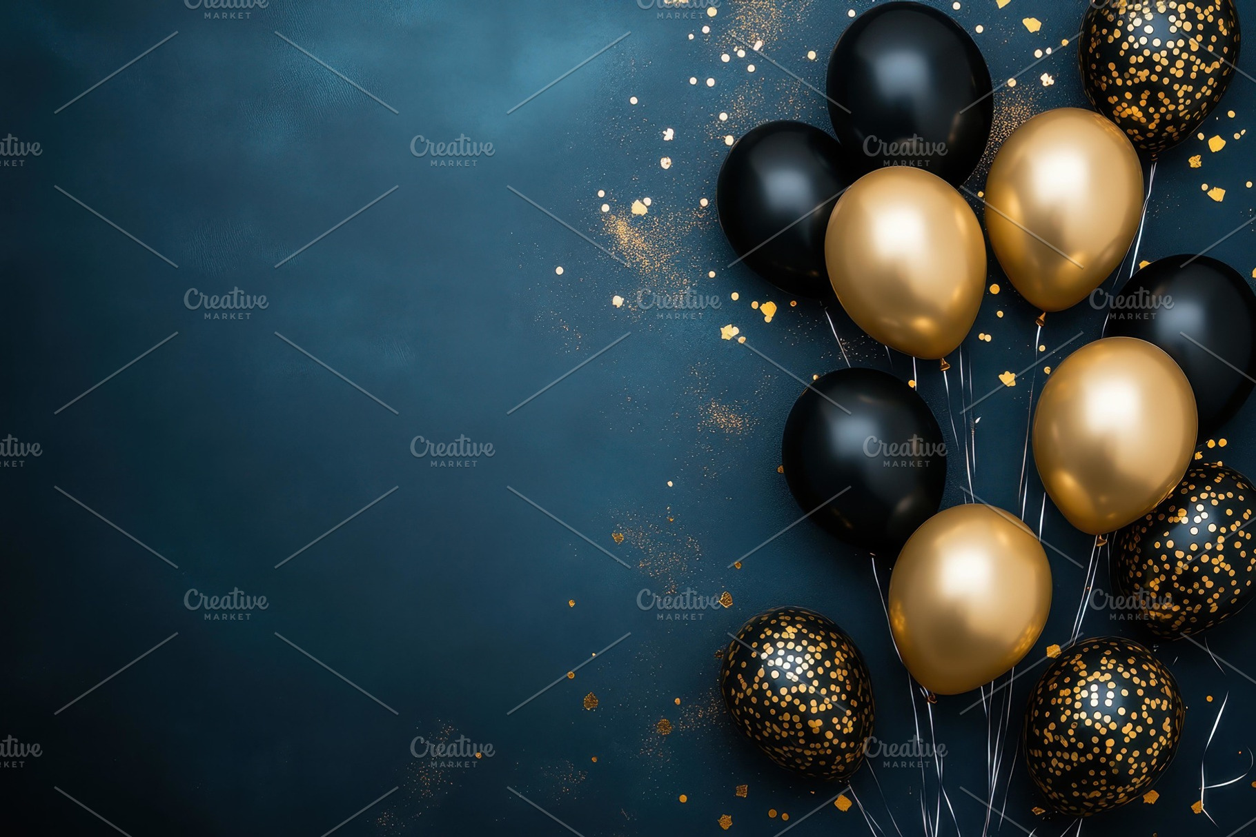 Elegant black and gold balloons crea, a Photo by Tanuart