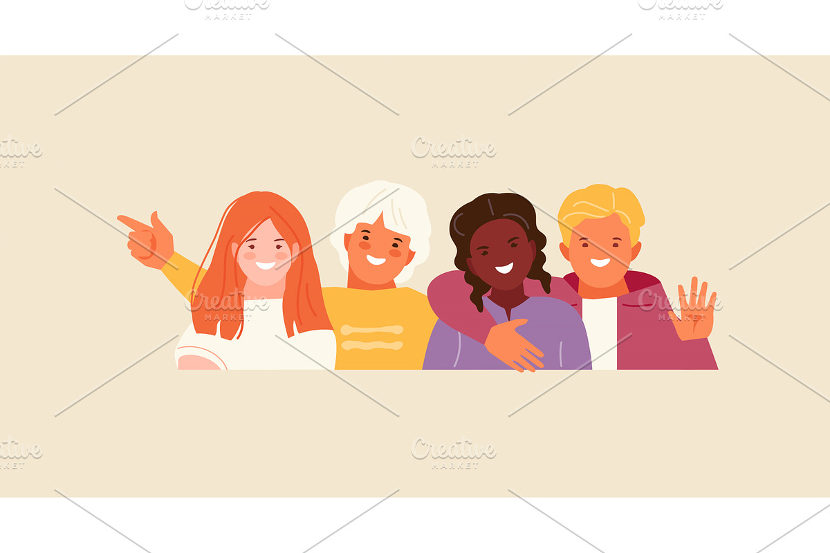 Hugging multiethnic kids friends, an Education Illustration by artbesouro