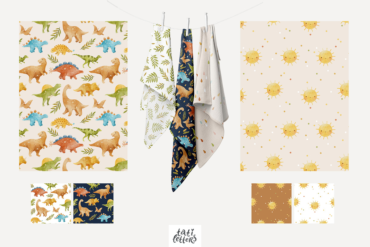 Watercolor Dinosaur clipart patterns, an Animal Illustration by tatiletters (Photo 7 of 11)