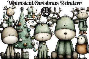 Whimsical Christmas Reindeer Clipart, an Illustration by Black Bird Studio