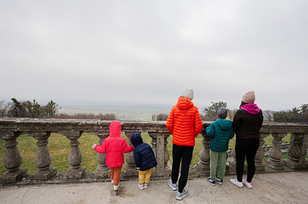 Back of mother with four kids visit balcony of Pidhirtsi Castle,, a Person Photo by AS photostudio