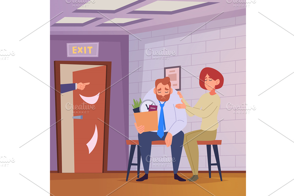 Dismissal. Employees comforts fired, a Finance Illustration by Onyx
