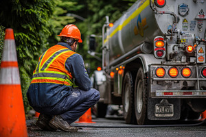 Worker in orange vest crouching near, a Photo by Pixeness Studio