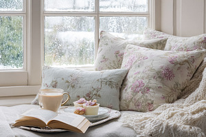 Cozy window seat with reading book, tea, and cupcakes, enjoying, a Photo by Studio ANNA