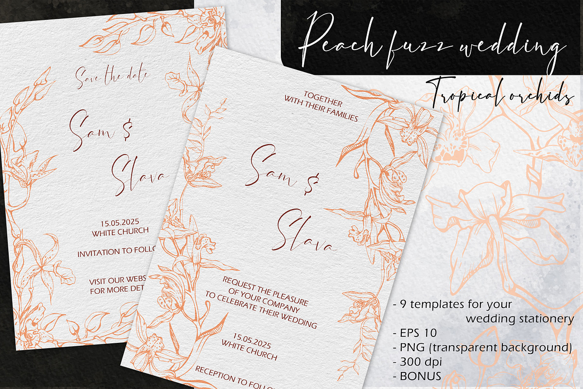 Peach fuzz wedding: Tropical orchids, a Stationery Template by MsFlaffy (Photo 1 of 8)