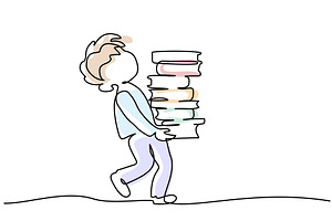 Young boy pupil walk and carry stack, an Education Illustration by Valenty