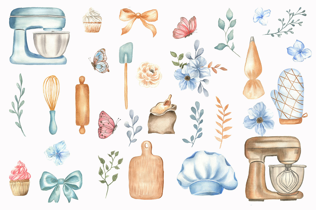 Watercolor blue Baking Clipart Set, an Illustration by ViolettaKh (Photo 9 of 9)