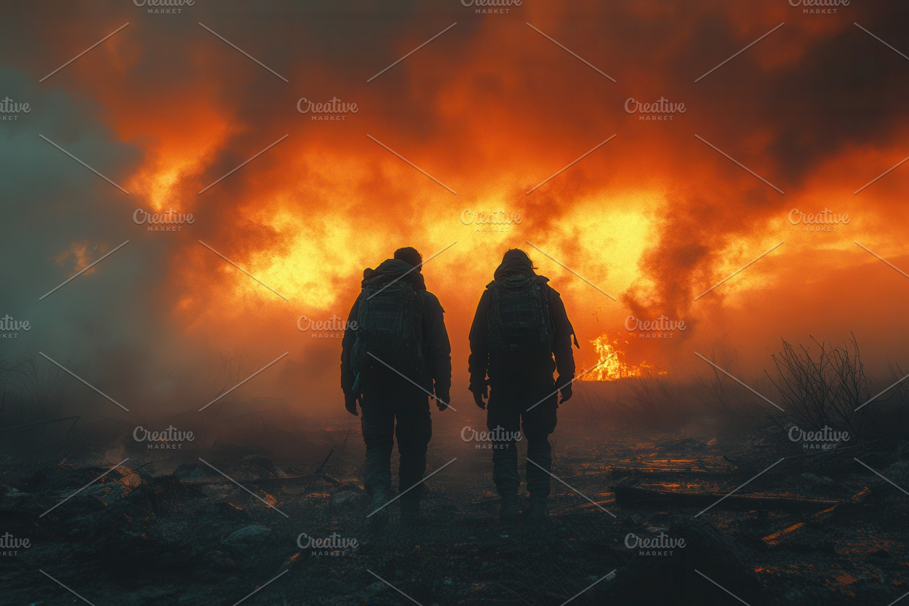 Soldiers walk through smoke and flam, a Photo by Tanuart