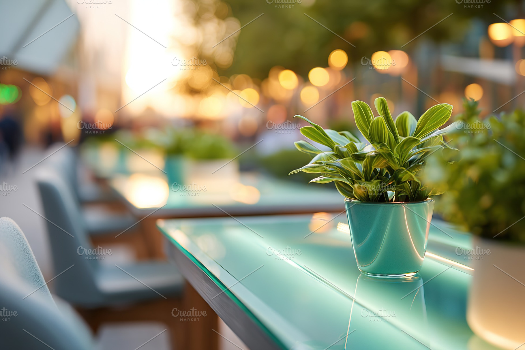 Outdoor dining area with potted plants during golden hour in a lively urban set, a Photo by AlyaAnd