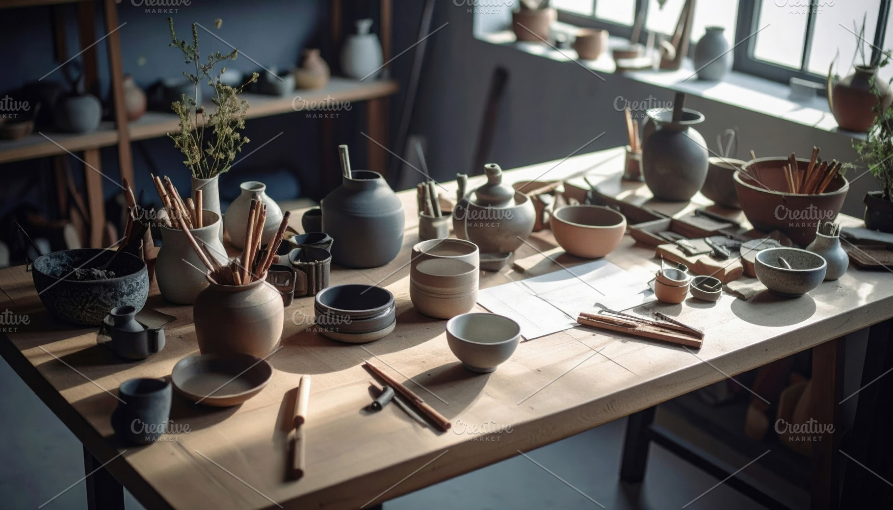 Pottery Tools and Handmade Ceramics on Wooden Table, an Arts & Entertainment Photo by Davizro's Market
