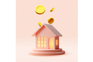 3D toy house on podium with falling, a Finance Illustration by Abscent