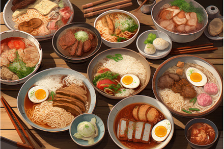 Japanese food noodle table. Generate, a Food & Drink Photo by Ylivdesign