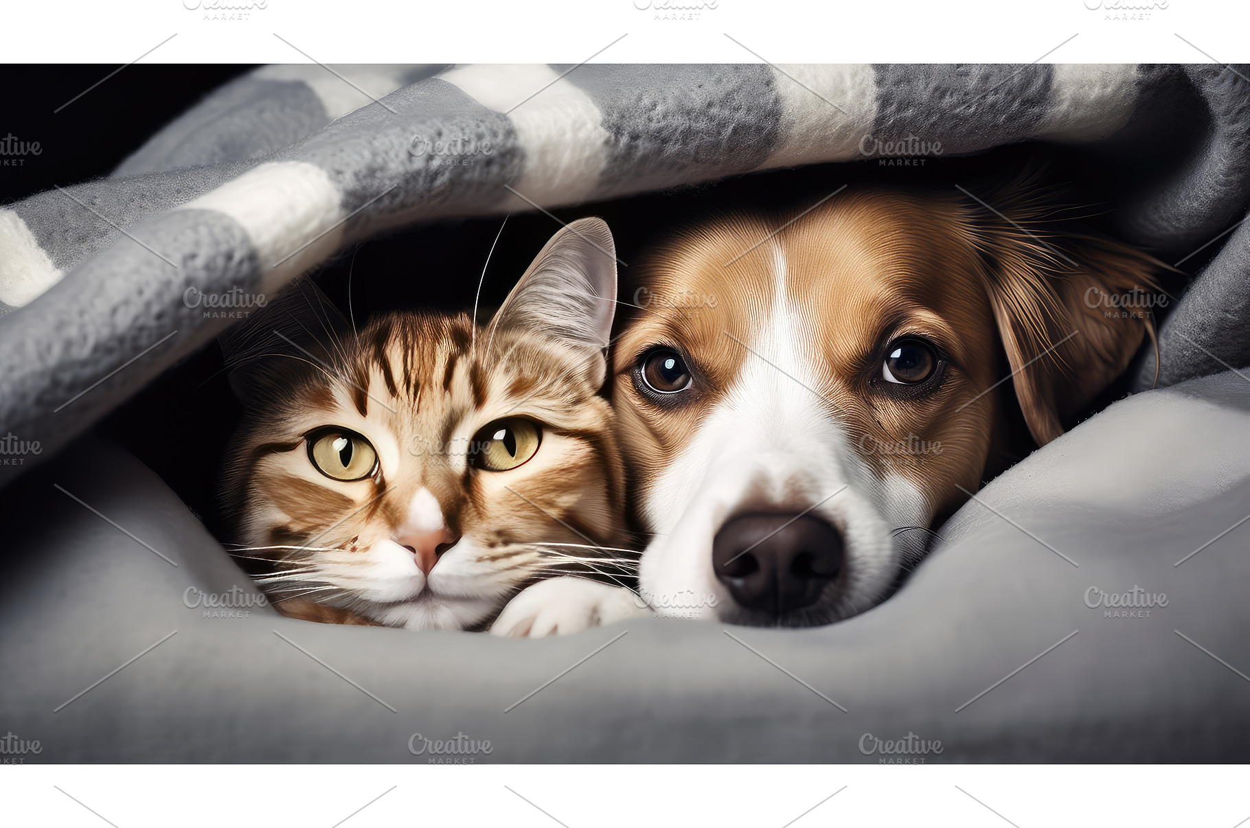 cozy dog and cat under blanket ai, an Animal Photo by pikepicture