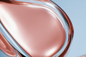 Abstract fluid rose gold metallic waves flowing over a soft blue background, mo, a Photo by Studio ANNA