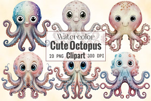 Watercolor Cute Octopus Clipart, an Illustration by CraftArtStudio