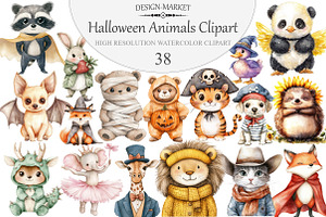 Watercolor Halloween Animals Clipart, an Illustration by Design Market