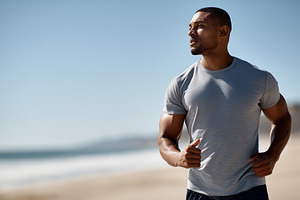 Athlete black man running on a sunny, a Sports & Recreation Photo by MistyDay