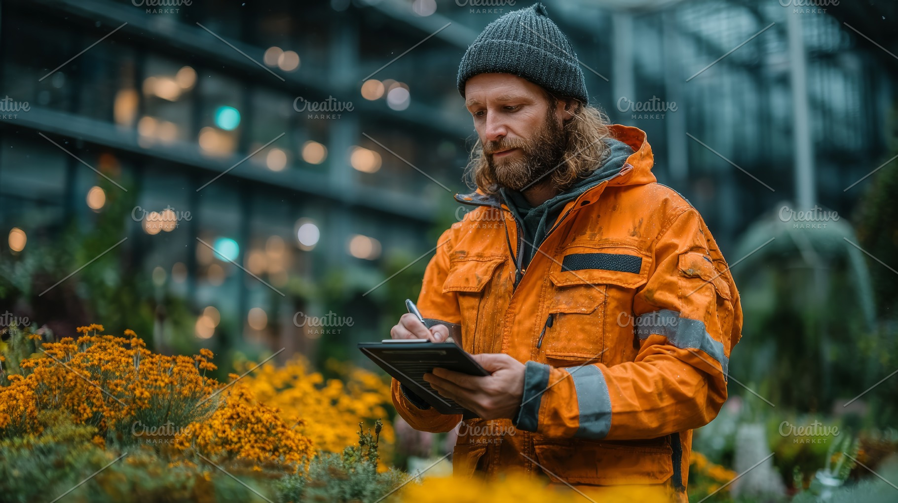 Man in orange coat writing on a clipboard in a lush greenhouse, an Industrial Photo by AS photostudio