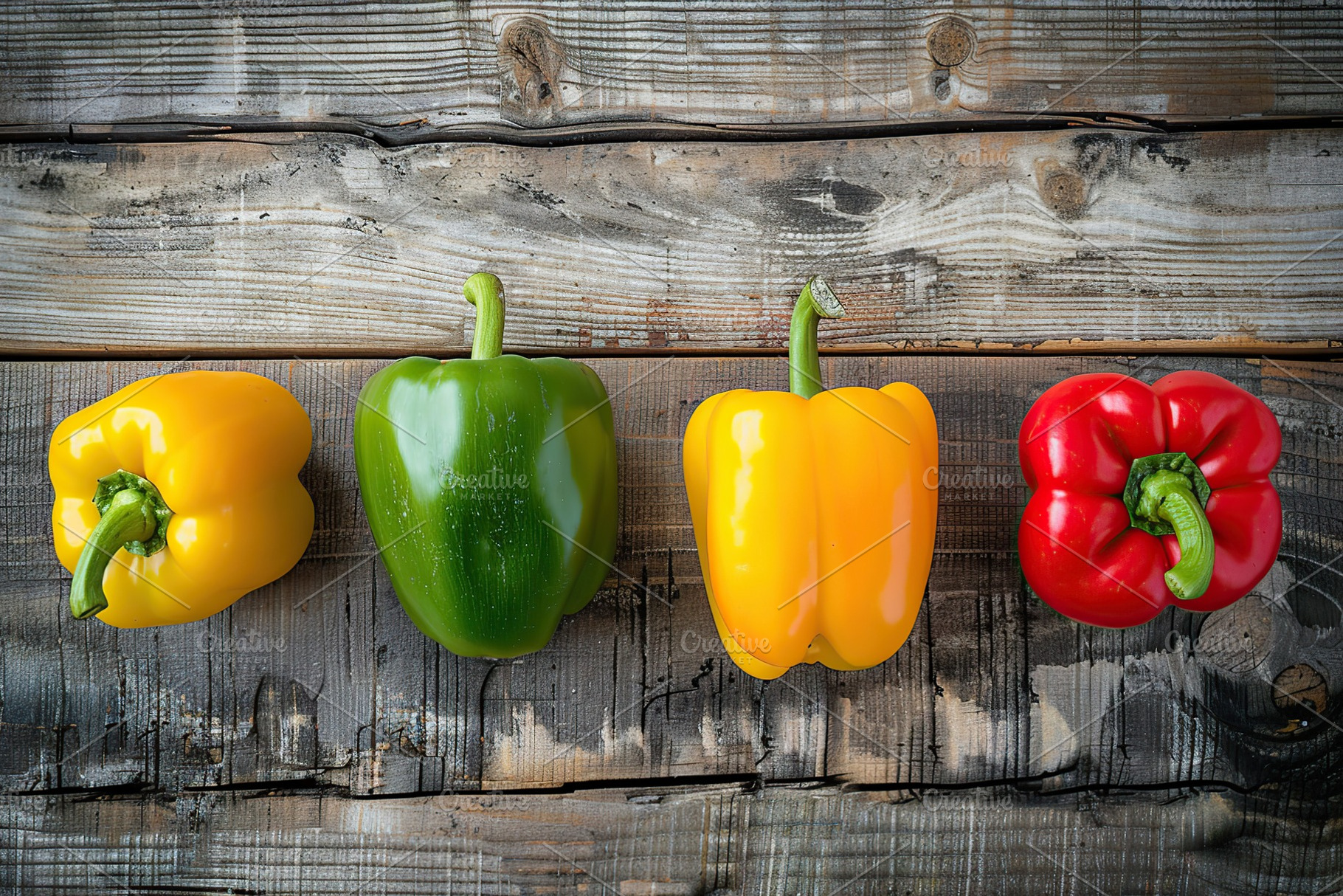 Ripe colorful peppers on wooden table, a Food & Drink Photo by AlyaAnd