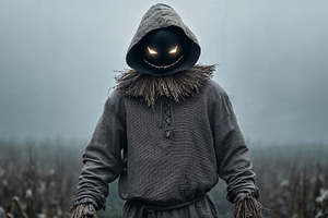 Mysterious Halloween figure stands in foggy cornfield at night, a Holiday Photo by OSORIOartist