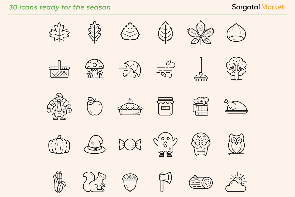 Autumn and Leaves Outline Icons, an Outline Icon by Sargatal (Photo 2 of 4)