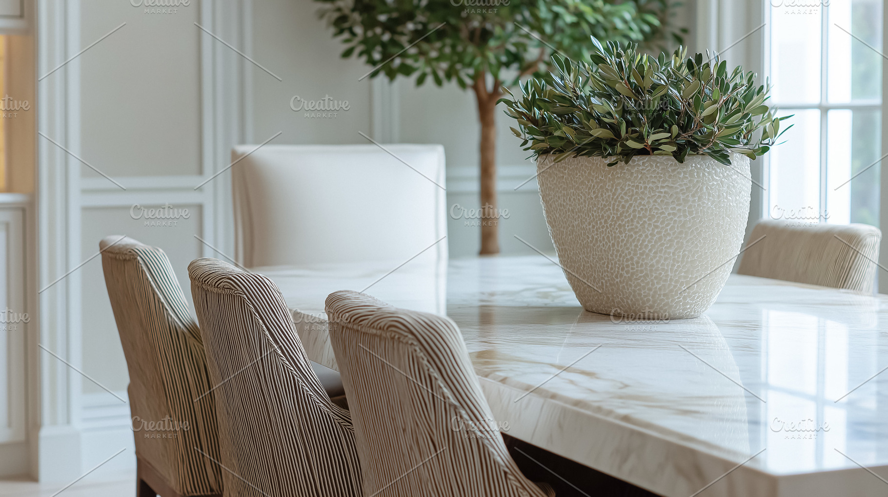 Dining room showcasing contemporary interior design with a sleek marble table,, an Architecture Photo by Studio ANNA