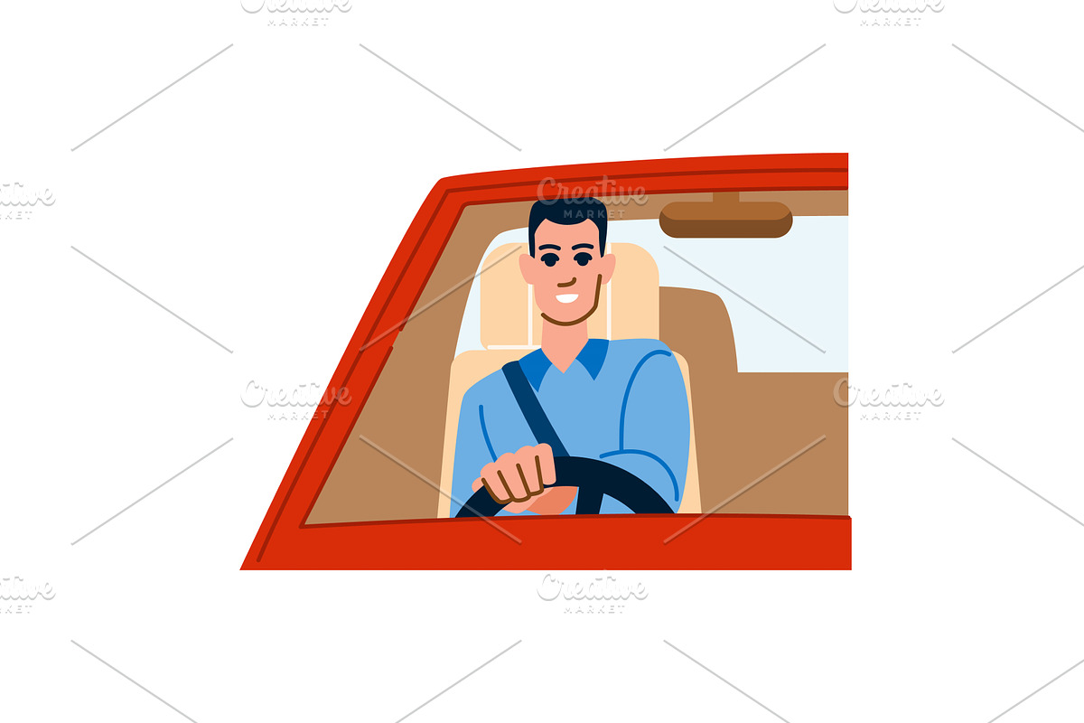 Smiling man driving a red car, a Transportation Illustration by pikepicture
