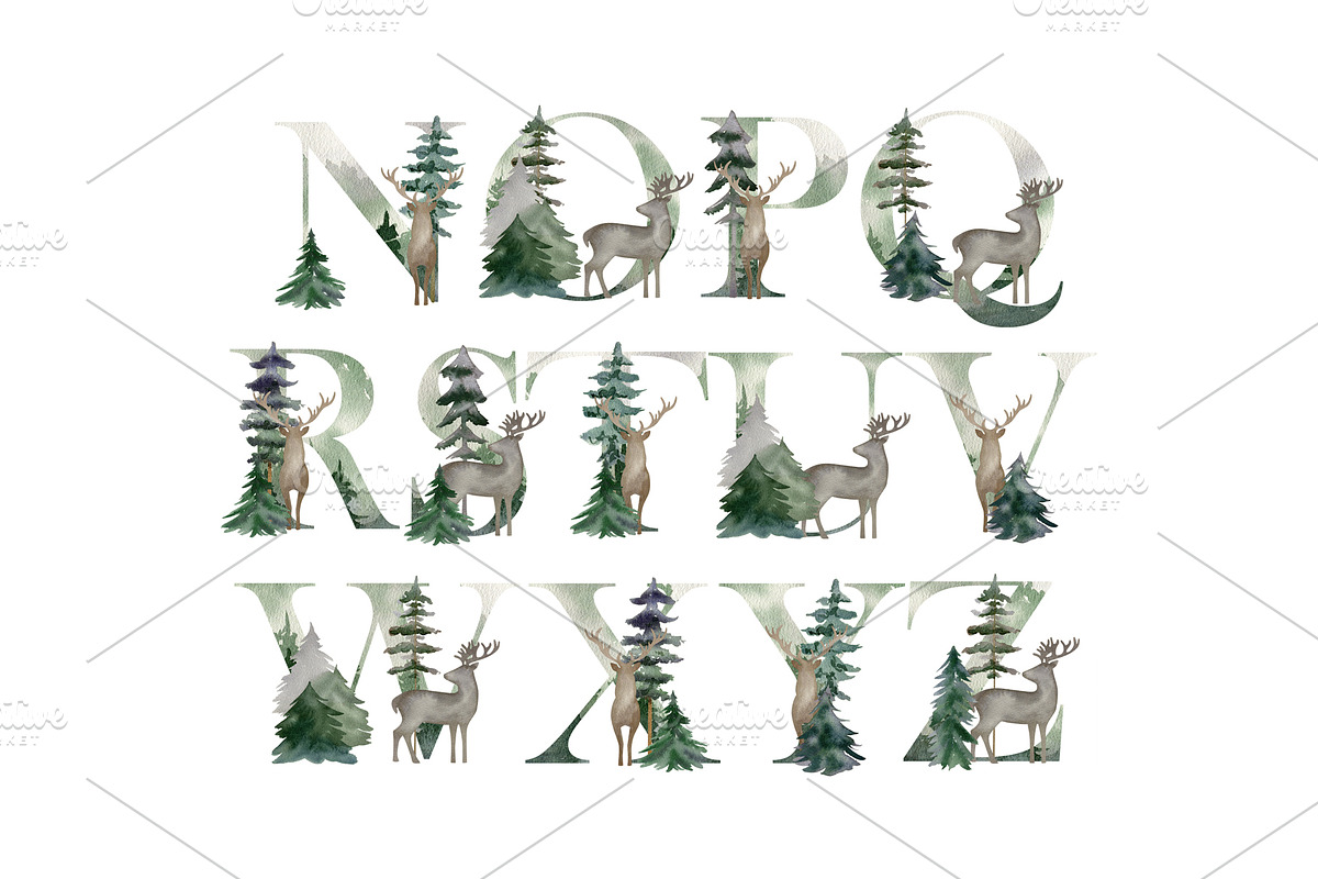 Watercolor forest deers alphabet., a Decorative Illustration by TaPilipa (Photo 3 of 4)