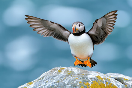Atlantic puffin perched on rocky out, a Photo by Iftikhar Alam