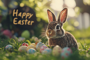 Colorful painted easter eggs with bunny and black frame with Happy Easter on gr, an Animal Photo by AlyaAnd