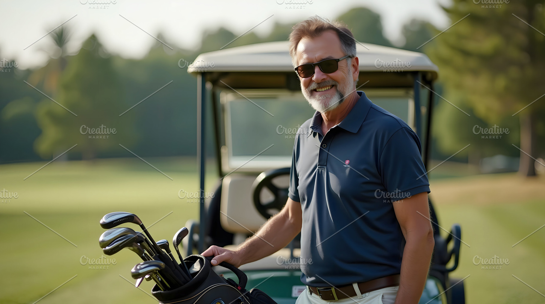Smiling Golfer with Golf Cart on Gre, a Sports & Recreation Photo by Stock Shape