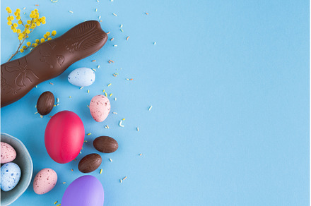 Easter eggs and chocolate bunny on, a Holiday Photo by Mineko