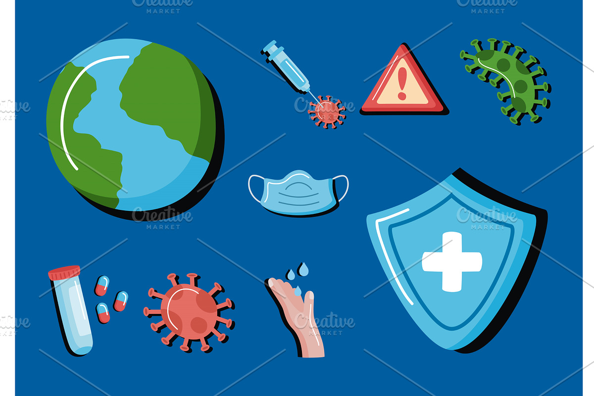 nine pandemic conjuncture icons, a Healthcare Illustration by studiogstock