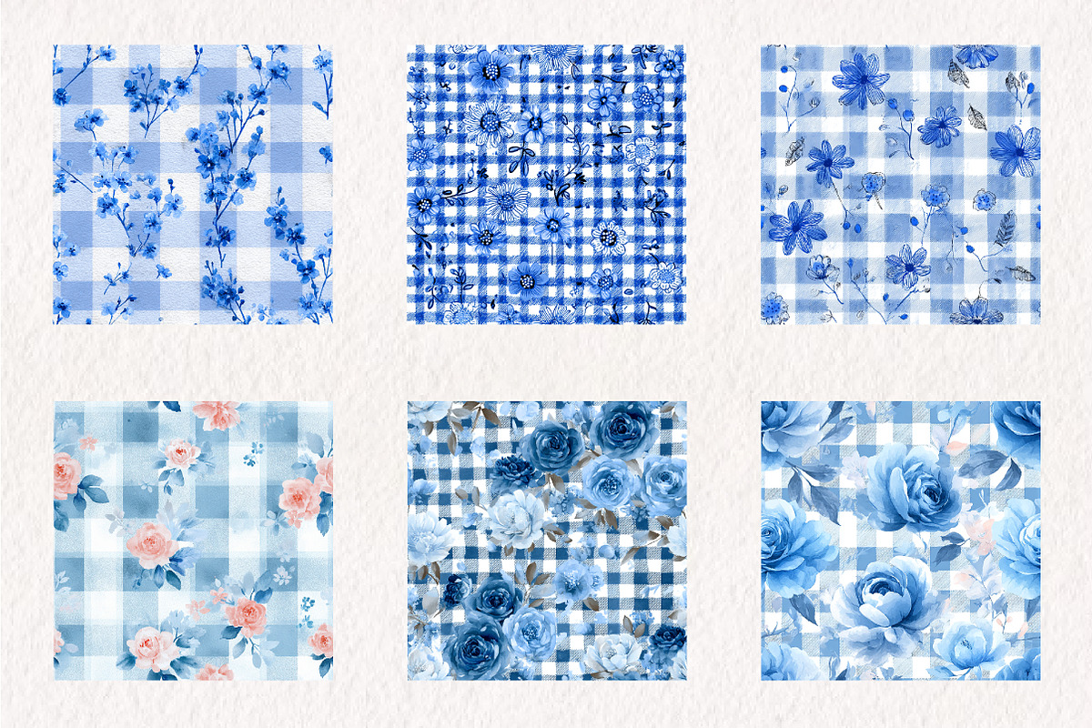 Blue Floral Gingham Seamless Pattern, an Illustration by CreationArt
