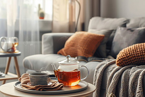 Cup of tea with warm blanket and grey sofa, christmas holiday co, a Food & Drink Photo by AlyaAnd