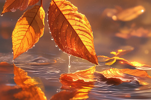 Close-up of autumn leaves with droplets resting on them, reflecting in water. T, a Photo by Textures & Backgrounds