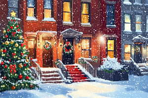A cozy winter scene featuring a row of charming brick Rowhouse style townhouses, an Architecture Photo by Textures & Backgrounds