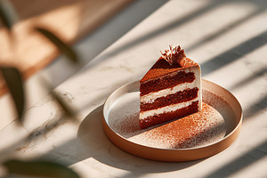 Enjoying a delicious slice of chocolate sponge cake with creamy filling in a co, a Photo by AlyaAnd