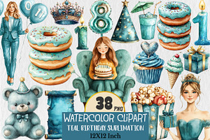 Teal Birthday Sublimation Clipart, an Illustration by Rose Art