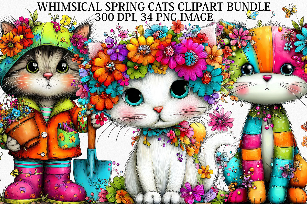 Whimsical Spring Cats Clipart Bundle, an Illustration by Canvas Craft (Photo 1 of 7)