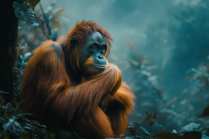 Orangutan in rainforest pensive prim, an Animal Photo by Pixeness Studio