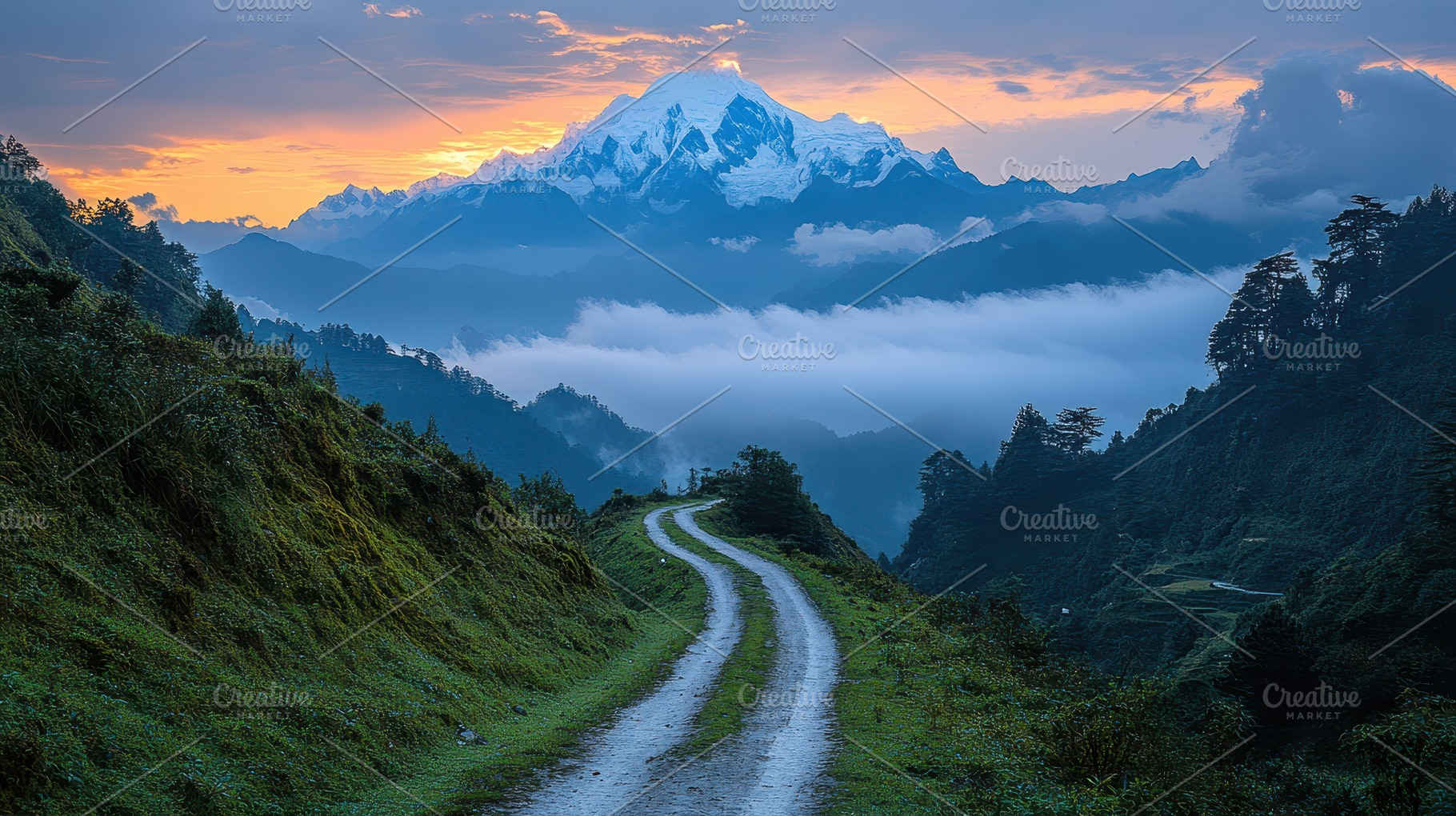 Mountain road leading to snowy peaks, a Background Photo by Pixeness