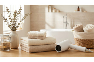 Stack of neutral colored towels and, a Nature Photo by Igor Tichonow